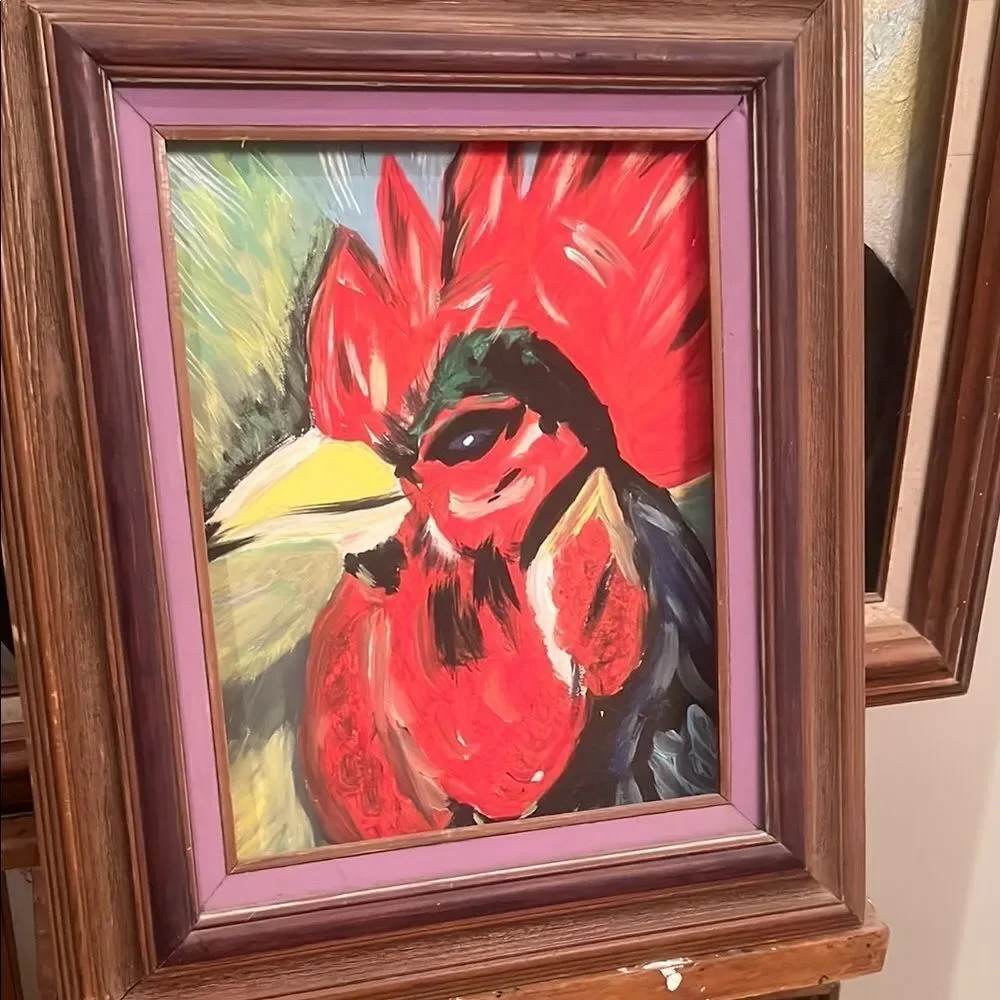 Vibrant Rooster Art Print in Wooden Frame